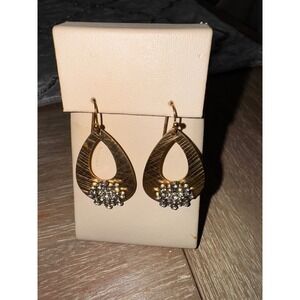 Gold Tone Teardrop Earrings Sparkle Crystal Cluster Dangle Hook